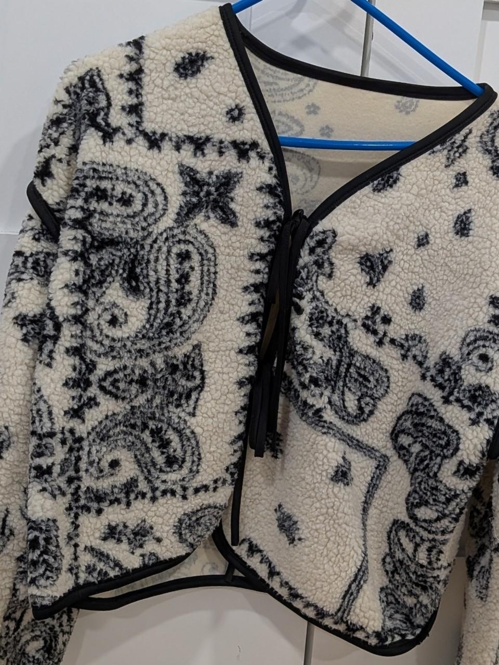 Black & White Sherpa Cardigan with Paisley Print